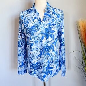 Gottex Lilly Blue Floral Long Sleeve Sporty Polo Golf Tennis Shirt Size Small